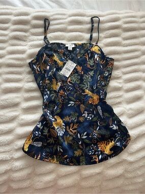J. Crew Navy Satin Tropical & Leopard Print Cami